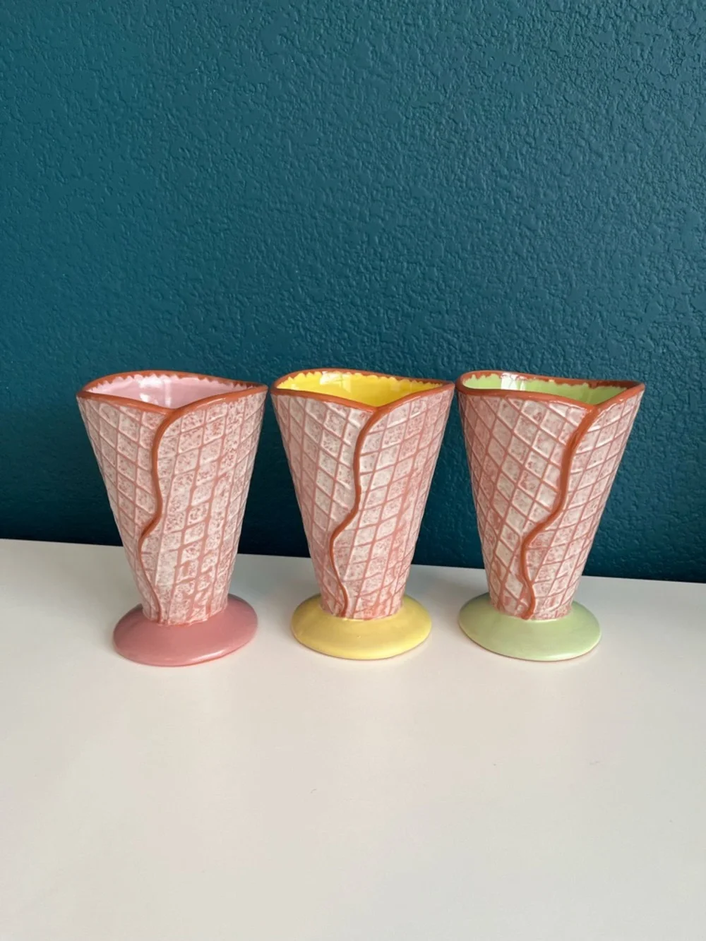 Vintage Hallmark Ceramic Ice Cream Waffle Cone Sundae Cups x3 - Picture 1 of 9